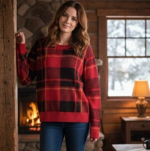 Be-you-ti-ful Red and Black Plaid Knit Sweater,  Lumberjack Tartan Style,size XL